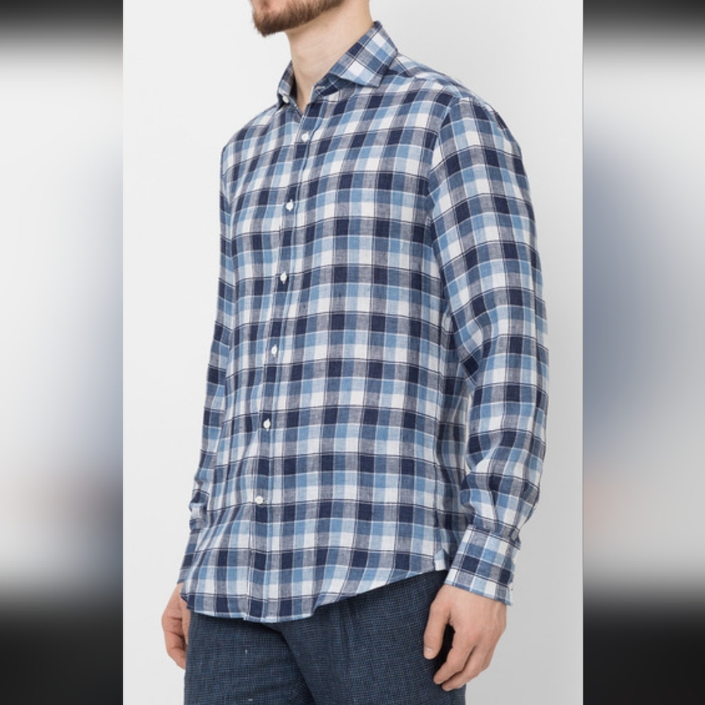 Brunello Cucinelli Shirt 100% Linen Medium Basic Fit Checked Italy Long Sleeve